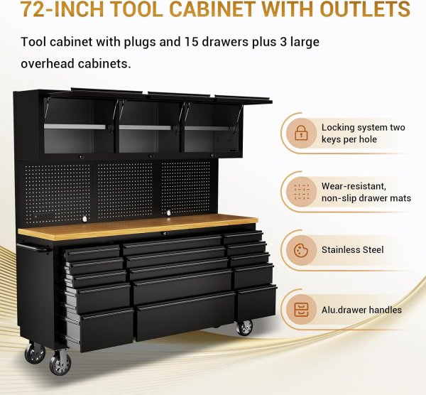 72-inch Rolling Tool Chest Cabinet Mobile Workbench with 15 Storage Drawers and Wheels 3 Uper Cabinet Outlet SS Pegboard Tool Box for Garage