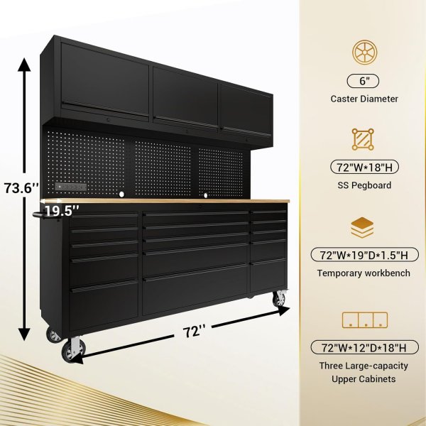 72-inch Rolling Tool Chest Cabinet Mobile Workbench with 15 Storage Drawers and Wheels 3 Uper Cabinet Outlet SS Pegboard Tool Box for Garage