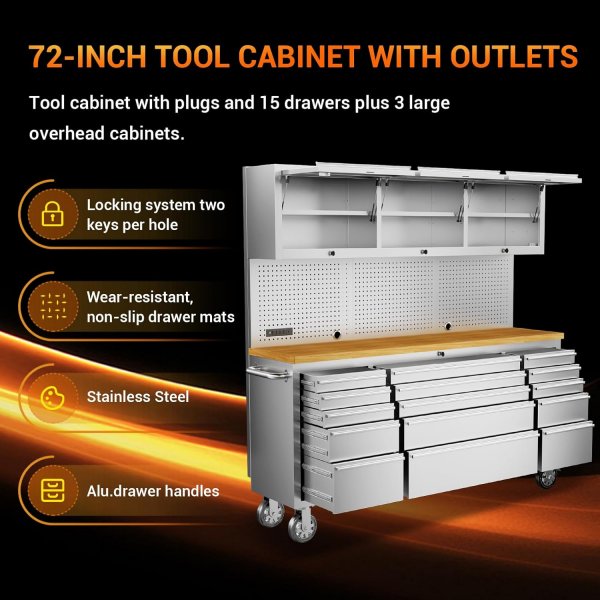 72-inch Rolling Tool Chest Cabinet Mobile Workbench with 15 Storage Drawers and Wheels 3 Uper Cabinet Outlet SS Pegboard Tool Box for Garage