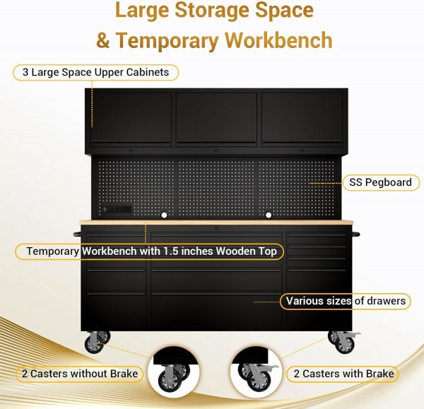 72-inch Rolling Tool Chest Cabinet Mobile Workbench with 15 Storage Drawers and Wheels 3 Uper Cabinet Outlet SS Pegboard Tool Box for Garage