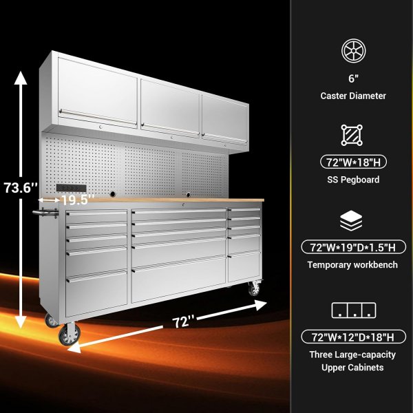 72-inch Rolling Tool Chest Cabinet Mobile Workbench with 15 Storage Drawers and Wheels 3 Uper Cabinet Outlet SS Pegboard Tool Box for Garage