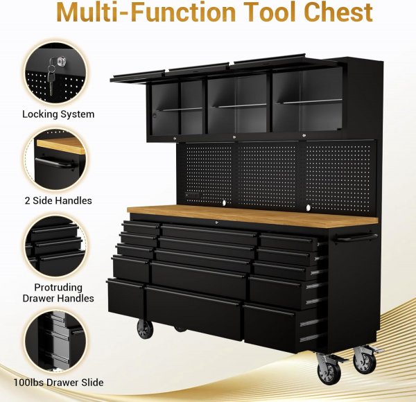 72-inch Rolling Tool Chest Cabinet Mobile Workbench with 15 Storage Drawers and Wheels 3 Uper Cabinet Outlet SS Pegboard Tool Box for Garage