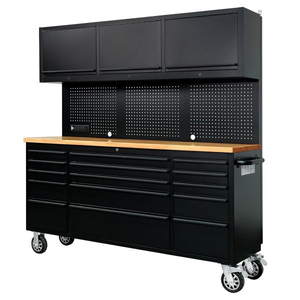 72-inch Rolling Tool Chest Cabinet Mobile Workbench with 15 Storage Drawers and Wheels 3 Uper Cabinet Outlet SS Pegboard Tool Box for Garage