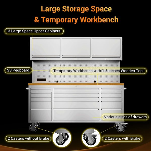 72-inch Rolling Tool Chest Cabinet Mobile Workbench with 15 Storage Drawers and Wheels 3 Uper Cabinet Outlet SS Pegboard Tool Box for Garage