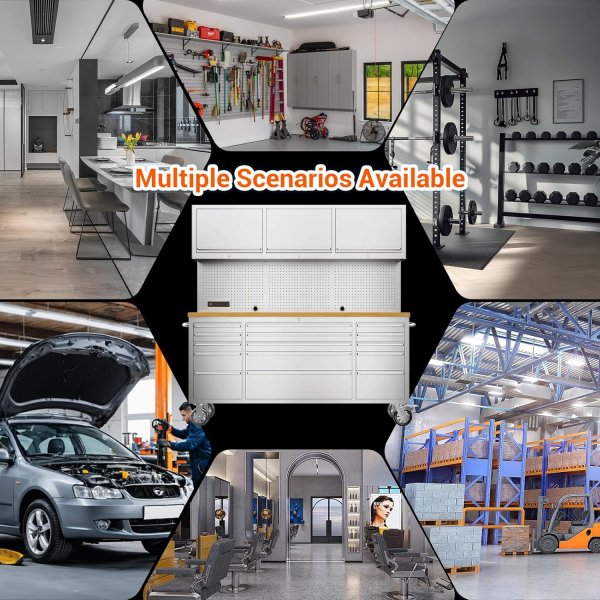 72-inch Rolling Tool Chest Cabinet Mobile Workbench with 15 Storage Drawers and Wheels 3 Uper Cabinet Outlet SS Pegboard Tool Box for Garage