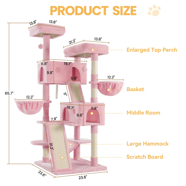 65.7'' H Carpet Cat Tree Condos and Scratching Posts Included, with Platforms and Hammock