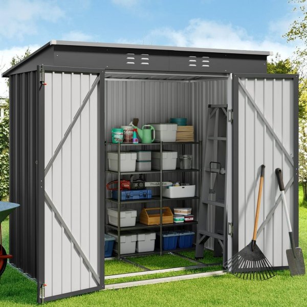 6' x 4' Outdoor Storage Shed, Metal Garden Tool Storage Shed with Double Lockable Doors, Brown