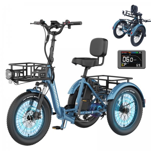 MOONCOOL Electric Tricycle for Adults, 500W/750W 48V 20 Folding Electric Trike Peak Power 1100W, 3 Wheels Electric Bicycle, Aluminum Frame Electric Tricycle with Large Basket and Removable Battery