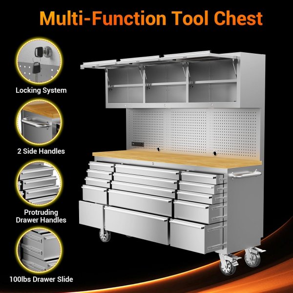 72-inch Rolling Tool Chest Cabinet Mobile Workbench with 15 Storage Drawers and Wheels 3 Uper Cabinet Outlet SS Pegboard Tool Box for Garage
