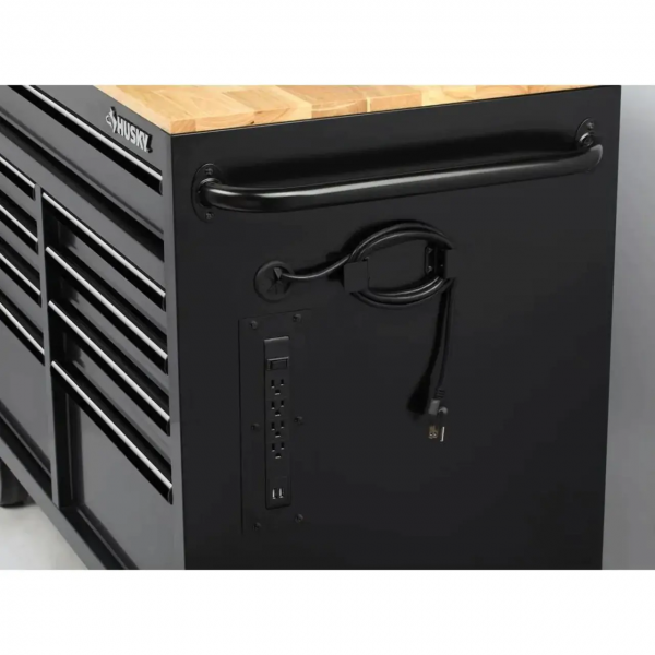 46 in. W x 24.5 in. D 9-Drawer Gloss Black Deep Tool Chest Mobile Workbench with Hardwood Top and Power Station