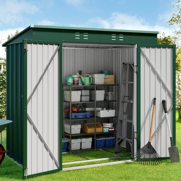 6' x 4' Outdoor Storage Shed, Metal Garden Tool Storage Shed with Double Lockable Doors, Brown